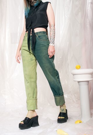 VINTAGE JEANS Y2K REWORKED HALF BLEACH TIE-DYE DENIM PANTS