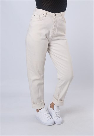 HIGH WAISTED STRETCH DENIM JEANS TAPERED LEG UK 12 (FJAN)