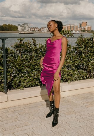 HOT PINK COWL NECK STRAP SLIP MIDI DRESS