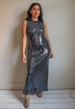 Vintage 90s Maxi Dress in Silver Sequin