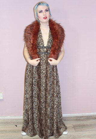 80S VINTAGE BROWN LONG RUSSET FAUX FUR STOLE SCARF