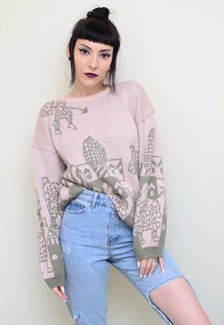 VINTAGE 90'S INDIE PINK PATTERNED SLOUCHY JUMPER