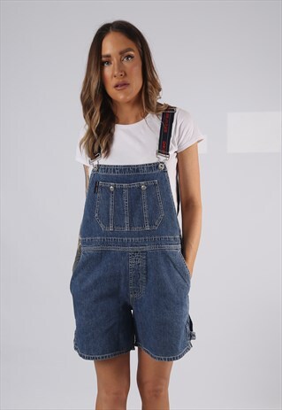 VINTAGE DENIM DUNGAREE SHORTS DKNY UK 14 LARGE (D1Z)
