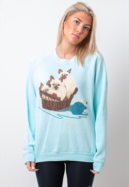 Vintage Kitten Cat Graphic Sweatshirt in Blue Medium