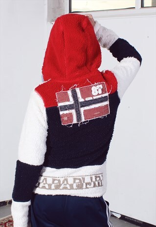 VINTAGE NAPAPIJRI WHITE, RED AND BLUE FLEECE ZIP-UP HOODIE