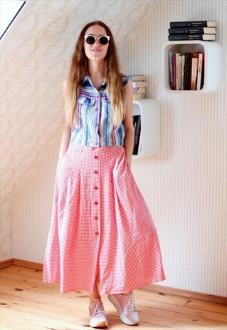 RED AND WHITE CHECKED MIDI SKIRT
