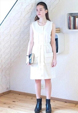 Cream knitted sleeveless shirt style belted vintage dress