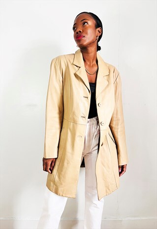 REVIVAL VINTAGE TAN LEATHER JACKET TRENCH COAT SIZE L