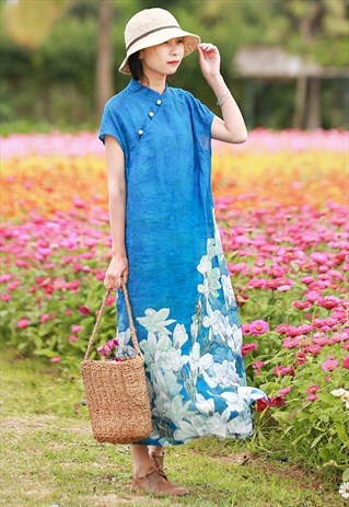 BLUE FLOLAR SHORT SLEEVED DRESS MIDI DRESS