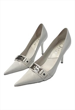 Christian Dior Heels Courts Pointed White Leather Silver 36