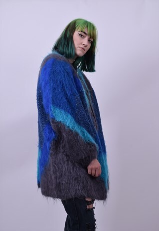 VINTAGE 80'S BLUE MOHAIR OVERSIZED CARDIGAN SIZE X LARGE