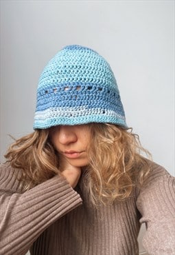 Hand Made Knitted Mermaid Blue Cotton Bucket Hat