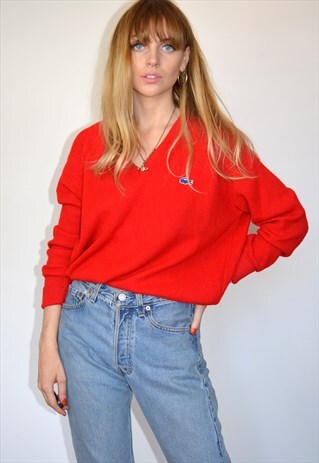 VINTAGE LACOSTE RED KNITTED SLOUCHY V NECK JUMPER