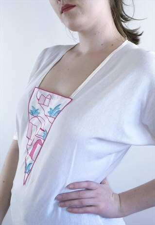 WOMENS VINTAGE 70S BLOUSE ABSTRACT EMBROIDERED BOHO TOP