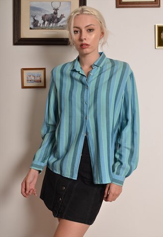VINTAGE 60S TURQUOISE STRIPED BLOUSE