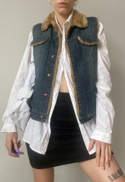 Vintage Y2K 00s ESPRIT blue denim gilet with faux fur trim