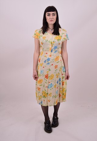 VINTAGE 80'S YELLOW FLOWER PRINT DRESS SIZE 10 TO 12