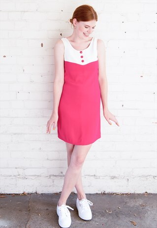 80'S VINTAGE COURREGES PINK & WHITE MINI SHIFT DRESS-BUTTONS
