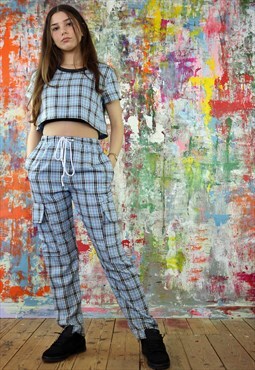 Drawstring Trousers & Crop Top Co-Ordinates in blue check