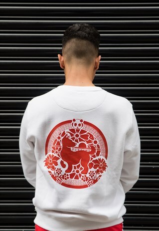 URBAN PANDA CREW NECK SWEATSHIRT - WHITE AND RED
