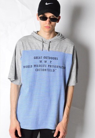 VINTAGE 90S GREY BLUE STRIPED SUMMER T-SHIRT WITH HOOD