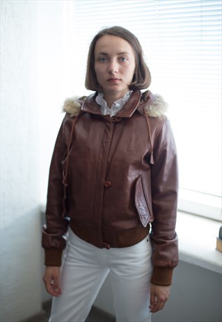 VINTAGE 80'S BROWN LEATHER JACKET WITH HOOD
