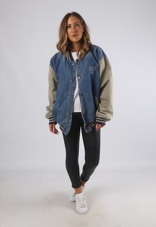 VINTAGE VARSITY DENIM BOMBER JACKET OVERSIZED UK 18 (72H)
