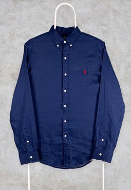 Vintage Blue Polo Ralph Lauren Linen Shirt Long Sleeve Small