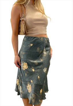 Vintage Floral Satin Green Midi Skirt