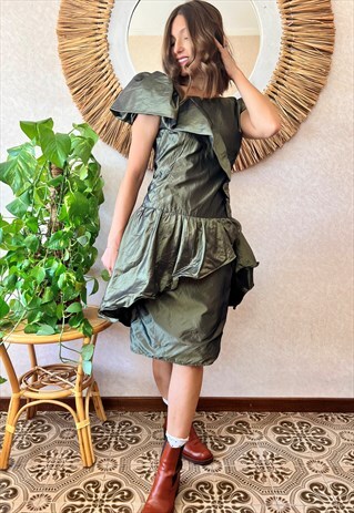 1980's vintage military green asymmetrical ruffle dress