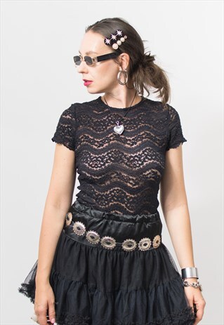 VINTAGE SHEER TOP IN BLACK LACE BLOUSE WOMEN