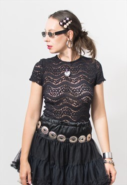 Vintage sheer top in black lace blouse women