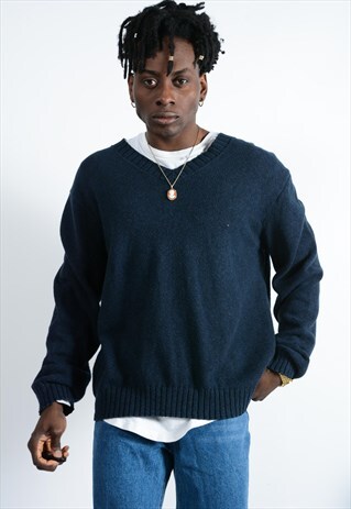 VINTAGE POLO RALPH LAUREN V-NECK CHUNKY JUMPER IN BLUE