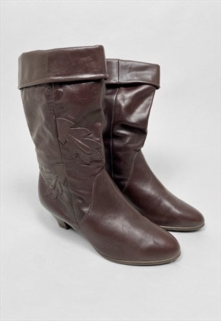 1980's Brown Leather Leaf Applique 3/4 Ankle Boots Ladies 