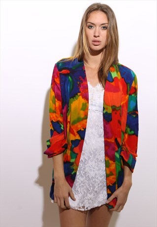 VINTAGE 1980'S 80'S ABSTRACT NEON WATERCOLOR BLAZER L-XL