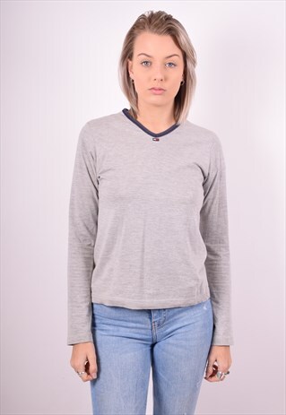 TOMMY HILFIGER WOMENS VINTAGE TOP LONG SLEEVE LARGE GREY 90'