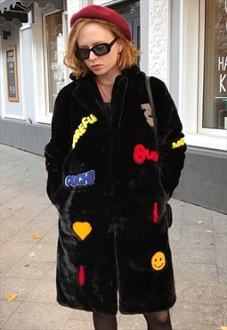 Longline Chunky Faux Fur Coat with Patches