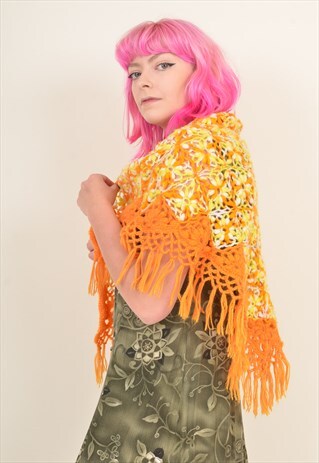 VINTAGE FLORAL CROCHET KNIT WOVEN TASSEL BOHO SHAWL SCARF