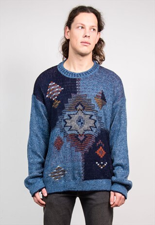 VINTAGE 90'S BLUE PATTERNED GRUNGE KNIT JUMPER