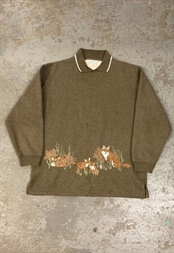 Vintage 90s Sweatshirt Embroidered Foxes Khaki Cottagecore