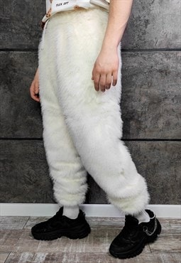 Luxury faux fur joggers premium fleece handmade pants cream