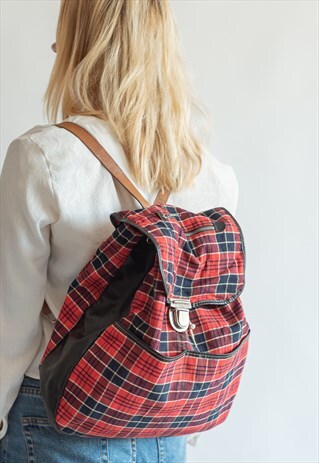 VINTAGE 80S CHECKERED LARGE RUCKSACK WITH LEATHER INSERTS
