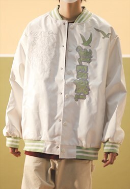White faux leather Embroidered Oversized jacket Y2k