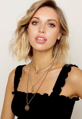 TRIPLE LAYERED LONG NECKLACE IN VINTAGE GOLD