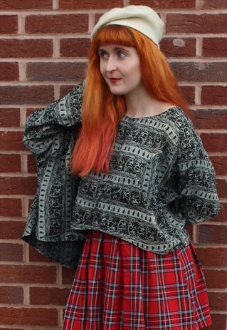 VINTAGE 80'S BLACK & WHITE POLAR BEAR PRINT BATWING SILK TOP