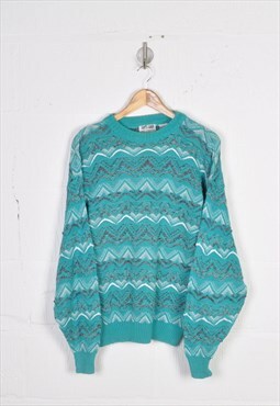 Vintage Knitted Jumper 80s Retro Pattern Green Ladies Large