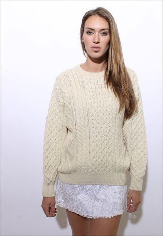 VINTAGE 1980'S 80'S CREAM WOOL CABLE KNIT JUMPER SWEATER M-L
