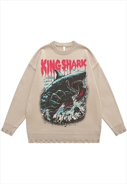 Shark print sweater scary jumper ripped knitted top in cream