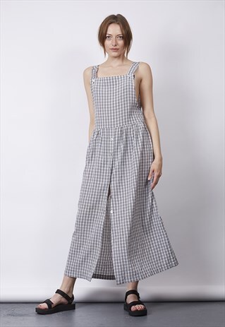 VINTAGE 90'S MONOCHROME CHECK PINAFORE MAXI DRESS
