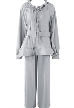 Belted Blouse And Wide Leg Trouser Co-Ords In Grey